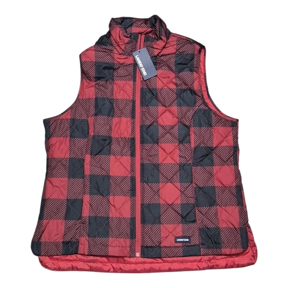 Land's End Women’s Large Red Plaid Puffer Vest Zip Outdoors NWT